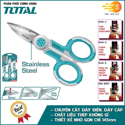 Kéo thợ điện chuyên dụng dài 145mm TOTAL THT1155871 - Làm từ thép không gỉ, độ dày lưỡi kéo 3mm