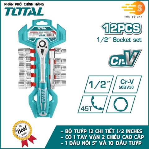 Bộ cần 2 chiều và 12 đầu tuýp 1/2'' làm từ thép CR-V đa năng, tiện lợi TOTAL THT141121 - có khay đựng cao cấp, bền bỉ, không biến dạng khi dùng