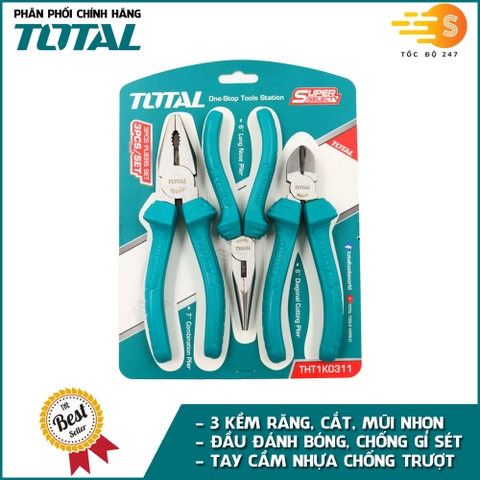 Bộ 3 kềm răng, kềm cắt và kềm mũi nhọn TOTAL THT1K0311 - kìm điện, kìm cắt, kìm mũi nhọn, được đánh bóng và chống gỉ sét