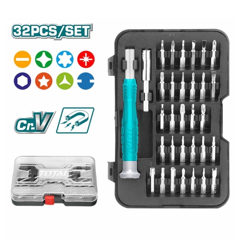 Bộ tua vít 32 chi tiết chuyên sửa điện thoại TOTAL THT250PS0321 - Có hộp đựng, nhỏ gọn, thép chuyên dụng CR-V, tay cầm nhựa chắc chắn