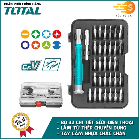 Bộ tua vít 32 chi tiết chuyên sửa điện thoại TOTAL THT250PS0321 - Có hộp đựng, nhỏ gọn, thép chuyên dụng CR-V, tay cầm nhựa chắc chắn