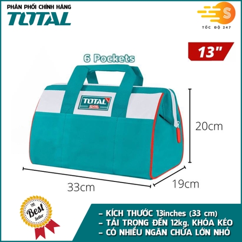 Túi xách đựng dụng cụ đồ nghề TOTAL THT261325 (13in), THT261625 (16in) - Nhiều ngăn chứa, tải trọng lớn, Vải polyeste chắc chắn