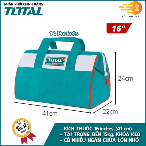 Túi xách đựng dụng cụ đồ nghề TOTAL THT261325 (13in), THT261625 (16in) - Nhiều ngăn chứa, tải trọng lớn, Vải polyeste chắc chắn