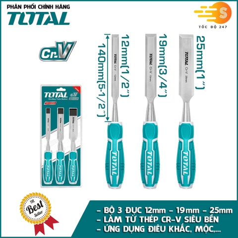 Bộ 3 cây đục gỗ làm từ thép CR-V 12-25mm dài 140mm TOTAL THT41K0302 - Cần thiết cho thợ mộc, điêu khắc, khả năng đục chính xác, bền bỉ