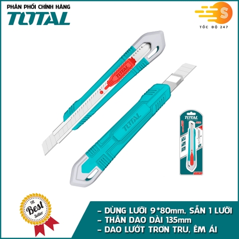 Dao rọc giấy cao cấp lưỡi 9mm*80mm TOTAL THT5110916 - khóa tự động, nút ấn phẳng, kèm 1 lưỡi dao, tay cầm chắc chắn