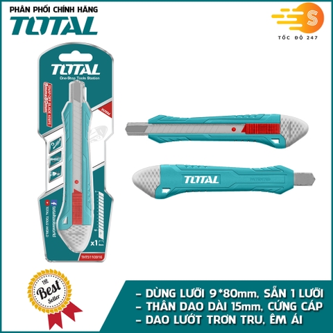 Dao rọc giấy cao cấp lưỡi 9mm*80mm TOTAL THT5110916 - khóa tự động, nút ấn phẳng, kèm 1 lưỡi dao, tay cầm chắc chắn