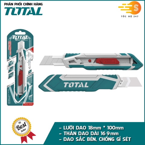 Dao rọc giấy cao cấp lưỡi 18mm*100mm TOTAL THT511816 - Khóa tự động, tay cầm chắc chắn