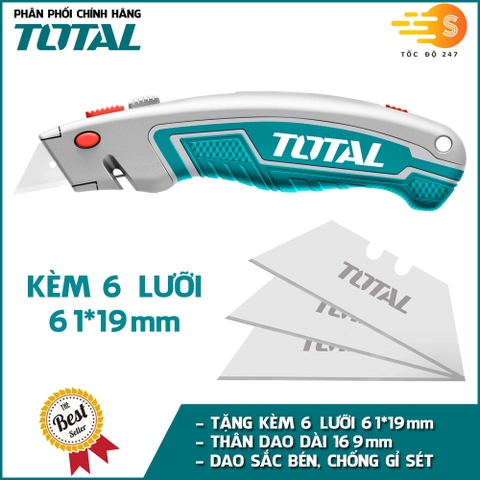 Dao rọc giấy đa năng kèm 6 lưỡi 61mm*19mm TOTAL THT5126128 - khóa tự động, nút ấn phẳng, tay cầm chắc chắn