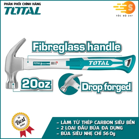 Búa nhổ đinh và đầu vuông TOTAL THTS7308 (220g), THT73206 (560g) - đầu búa được làm từ thép Carbon siêu cứng, tay cầm thế hệ mới chắc chắn