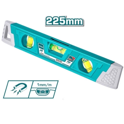 Thước thủy mini 225mm có nam châm hút TOTAL TMT2267 - 3 mức thủy ngân, thân nhựa ABS, độ chính xác cao, nhỏ gọn tiện dụng, chống nước
