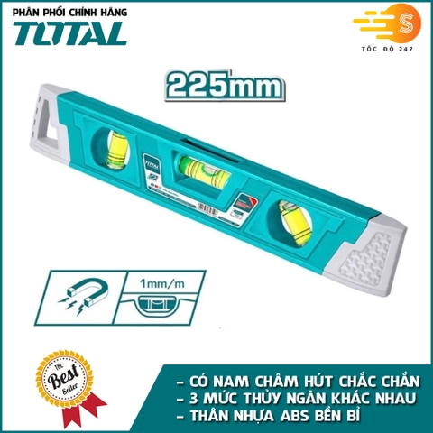 Thước thủy mini 225mm có nam châm hút TOTAL TMT2267 - 3 mức thủy ngân, thân nhựa ABS, độ chính xác cao, nhỏ gọn tiện dụng, chống nước