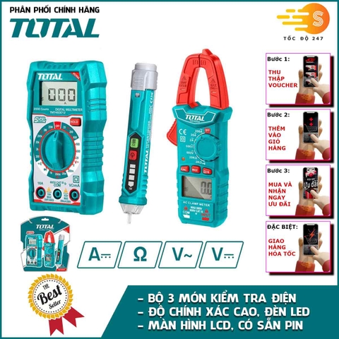 Bộ 3 dụng cụ kiểm tra điện bao gồm kềm đo điện, bút dò điện và đồng hồ vạn năng TOTAL TMT43028 - Độ chính xác cao, màn hình LCD, có kèm pin