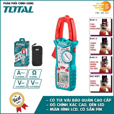Ampe kềm đo điện AC kỹ thuật số TOTAL TMT46003 - Kèm túi dựng, Ampe kìm, độ chính xác cao, màn hình LCD 6000 số đếm, có đèn nền ban đêm, có kèm pin