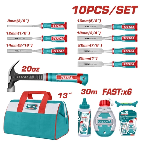 Bộ đồ nghề đa năng gồm 10 công cụ nghành gỗ TOTAL TOS230906 - búa nhổ đinh, phấn vẽ, túi xách, đục gỗ