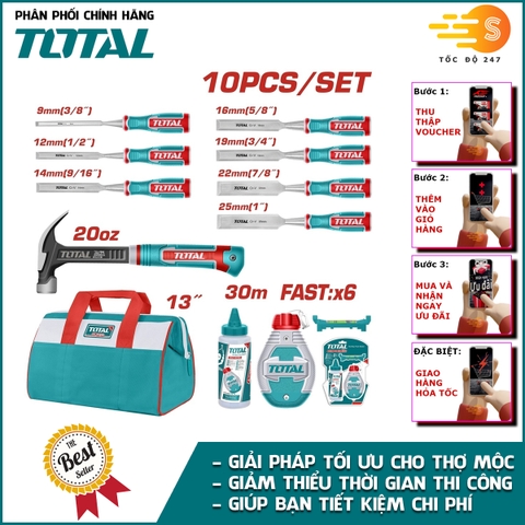 Bộ đồ nghề đa năng gồm 10 công cụ nghành gỗ TOTAL TOS230906 - búa nhổ đinh, phấn vẽ, túi xách, đục gỗ