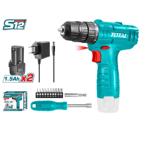 Bộ máy khoan, vặn vít dùng pin 12V có kèm bộ tua vít 13 chi tiết TOTAL TOSLI22111 - Kèm 2 viên pin 1.5Ah, có đèn led tích hợp, pin bền, công suất lớn