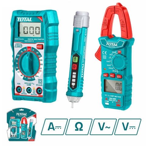 Bộ 3 dụng cụ kiểm tra điện bao gồm kềm đo điện, bút dò điện và đồng hồ vạn năng TOTAL TMT43028 - Độ chính xác cao, màn hình LCD, có kèm pin