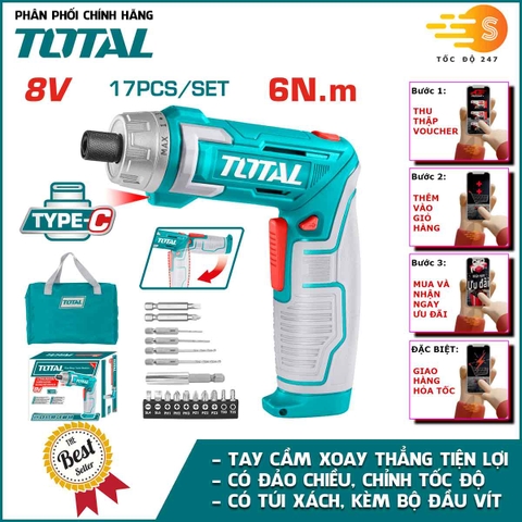 Bộ máy bắt vít dùng pin 8V 6Nm kèm 17 chi tiết vít TOTAL TSDLI0802 - Có hộp, sạc Type C, vặn vít, siết vít, pin dung lượng cao, có đèn LED, có đảo chiều