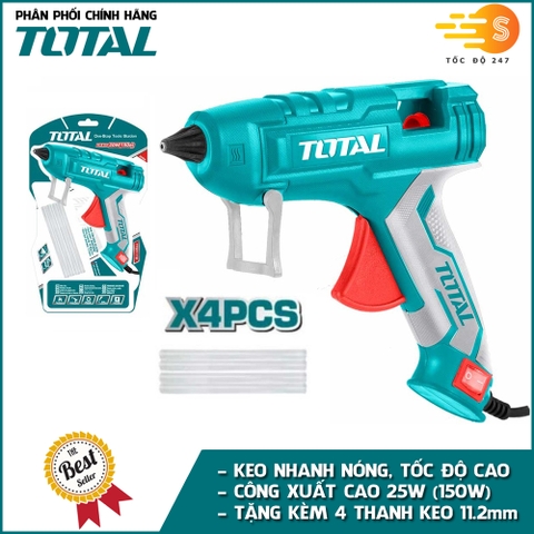 Súng bắn keo nến dùng điện tặng kèm 4 thanh keo 25W (150W) TOTAL TT201116 - Thiết bị bơm keo, loại lớn, tay cầm chắc chắn, keo 11.2mm