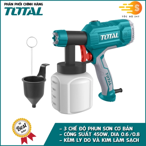 Súng phun sơn 3 chế độ dùng điện 450W TOTAL TT3506  - Kèm ly đo độ nhớt và kim làm sạch vòi phun, điện thế 220-240V, công suất 450W, 380ml/phút, 800ml, dia 0.6/0.8mm