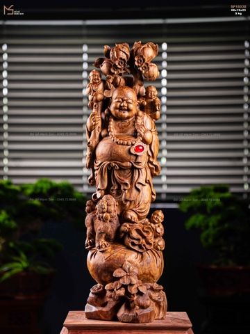 TƯỢNG GỖ DI LẶC ĐỨNG TAM PHÚC - GỖ SƯA