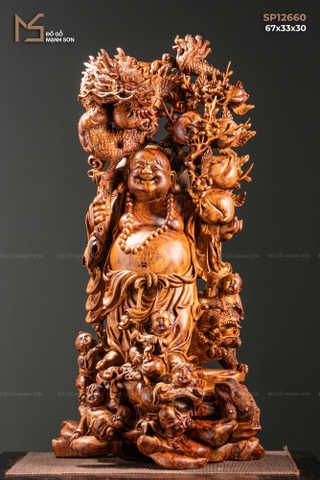 TƯỢNG GỖ DI LẶC NGŨ PHÚC VÁC CÀNH ĐÀO - GỖ SƯA