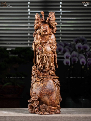 TƯỢNG DI LẶC TAM PHÚC ĐỨNG BAO TIỀN - GỖ NU SƯA