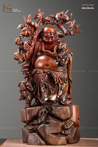 TƯỢNG DI LẶC ĐỨNG TAM PHÚC VÁC CÀNH ĐÀO - GỖ TRẮC