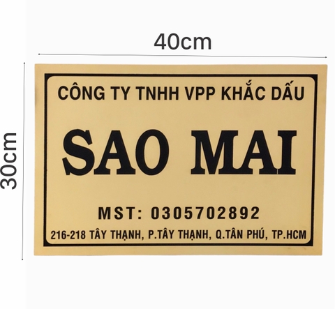 Bảng công ty inox ăn mòn 40x30cm nền vàng bóng chữ đen