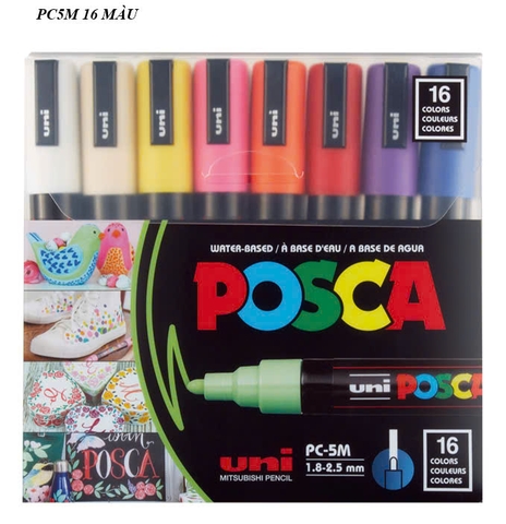 Bộ bút sơn Uni PC-5M 1.8~2.5mm, Bút acrylic Posca, Paint Marker 16 màu