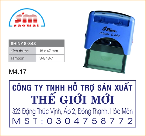 Dấu Shiny S843 47x18mm có nội dung/ họ tên / chức danh / mã số thuế