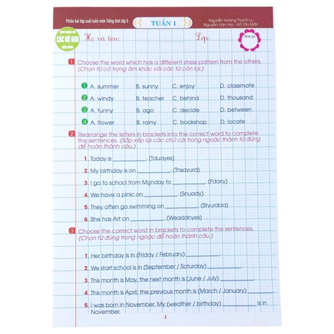 Phiếu bài tập cuối tuần môn Tiếng Anh Lớp 5