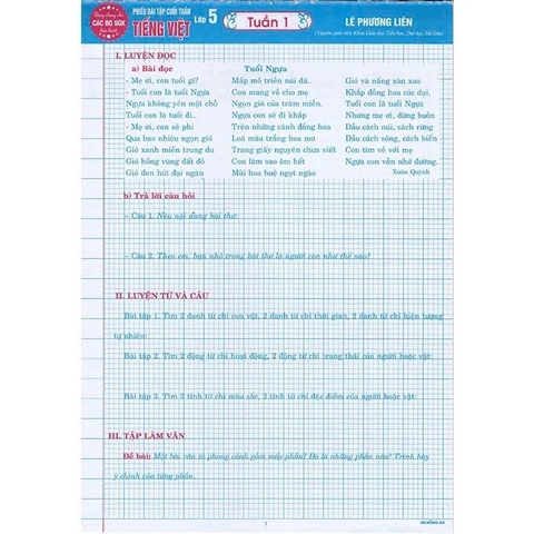 Phiếu bài tập cuối tuần Tiếng Việt Lớp 5