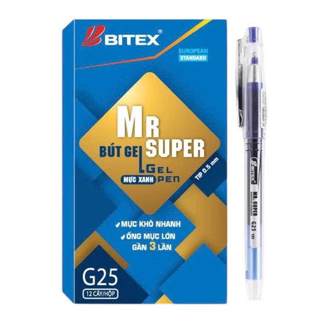 Bút gel Bitex Mr Super G25 xanh dương 0.5mm (12/144)