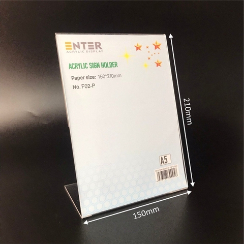 Kệ mica 1 mặt Enter F02-P 150x210mm A5 đứng, Kệ menu chữ L, Khung thông tin sản phẩm, Khung bảng giá, Kệ trưng bày để bàn (20)
