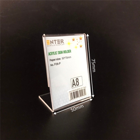 Kệ mica 1 mặt Enter F05-P 50x70mm A8 đứng, Kệ menu chữ L, Khung thông tin sản phẩm, Khung bảng giá, Kệ trưng bày để bàn (20)