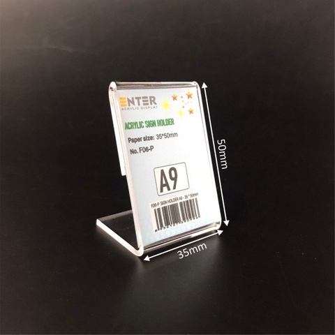 Kệ mica 1 mặt Enter F06-P 35x50mm A9 đứng, Kệ menu chữ L, Khung thông tin sản phẩm, Khung bảng giá, Kệ trưng bày để bàn (20)