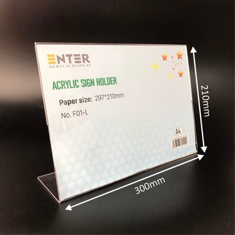 Kệ mica 1 mặt Enter F01-L 300x210mm A4 ngang, Kệ menu chữ L, Khung thông tin sản phẩm, Khung bảng giá, Kệ trưng bày để bàn