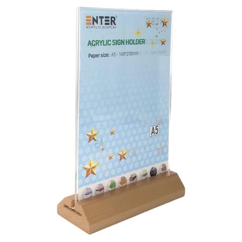 Kệ mica 2 mặt Enter E42-A 150x210mm đế gỗ A5 đứng vát chữ A, Kệ menu nhà hàng, Standee mica để bàn, Bảng quét mã QR Code (20)