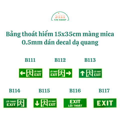 Bảng thoát hiểm B111/B112/B113/B114/B115/B116/B117 15x35cm màng mica 0.5mm dán decal dạ quang, Bảng chỉ dẫn lối thoát, Bảng Exit