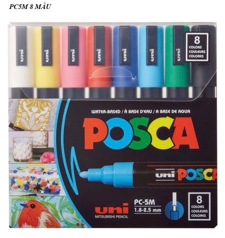 Bộ bút sơn Uni PC-5M 1.8~2.5mm, Bút acrylic Posca, Paint Marker 8 màu