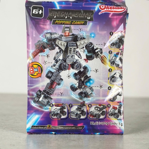 Kẹo nổ + đồ chơi xe chiến đấu lắp ráp 8in1 biến hình robot Okelaaa 1g (30)