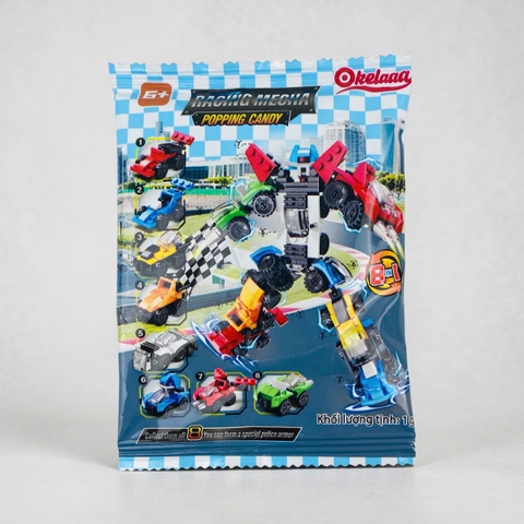 Kẹo nổ + đồ chơi xe đua lắp ráp 8in1 biến hình robot Okelaaa 1g (30)