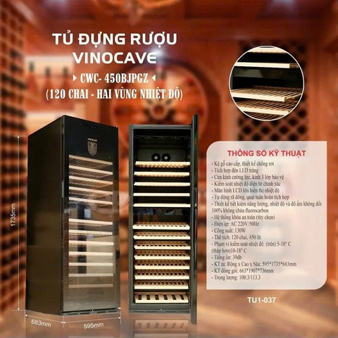Tủ ướp rượu vang VINOCAVE 120 chai CWC- 450BJPGZ