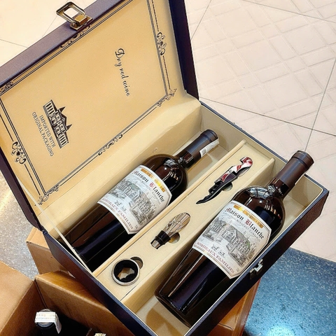 Hộp da 2 chai rượu vang Pháp BORDEAUX Maison