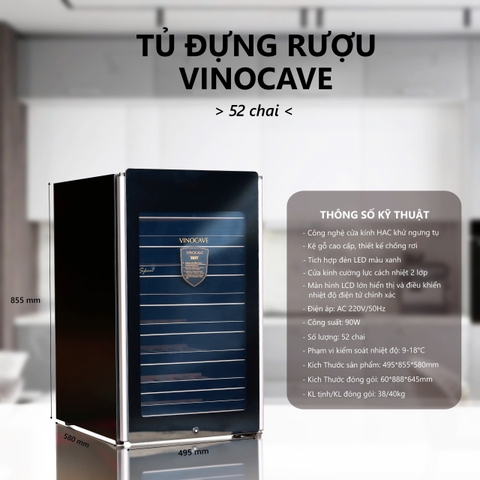 Tủ ướp rượu vang VINOCAVE 52 chai mặt kính tràn viền