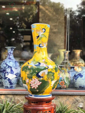 bình phong thủy hình tỏi "Chim hạc hoa sen" nền vàng đại cát