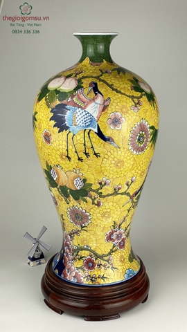 Mai bình tích lộc chim hạc bách hoa nền vàng đại cát