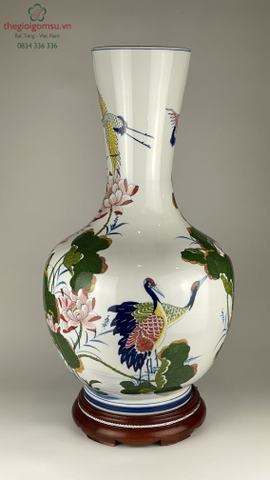 Bình phong thủy hình tỏi "Chim hạc hoa sen" nền trắng tuyết