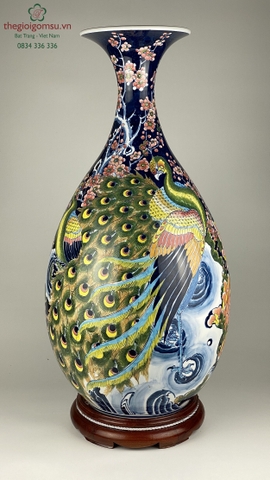 Bình Tỳ Bà "Chim công hoa đào" nền xanh coban tràn cổ